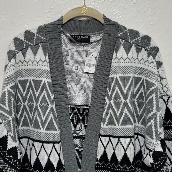 Lane Bryant Jaquard Pattern Open Sweater Long Cardigan in Black/White/Grey - Picture 5 of 11
